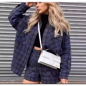 Zara Womens Plaid Grey Blue Oversized Shacket Jacket Blogger Favorite Size S